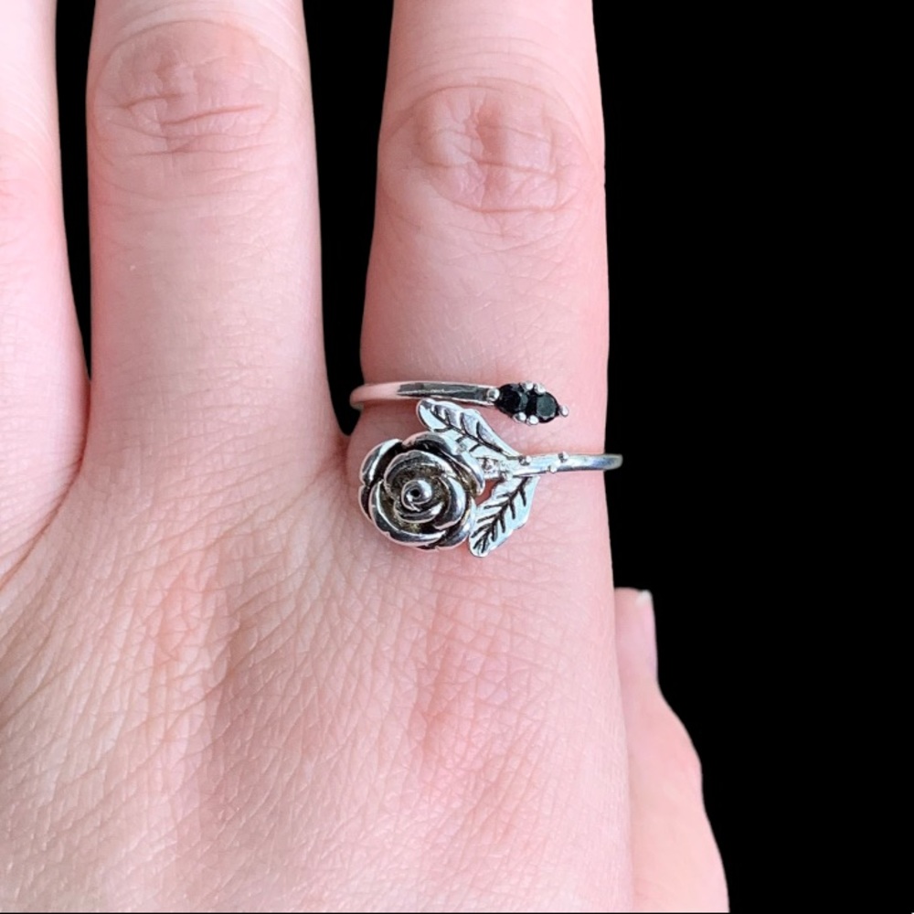 STERLING SILVER ROSE AND BLACK CZ RING - Picture 5 of 11